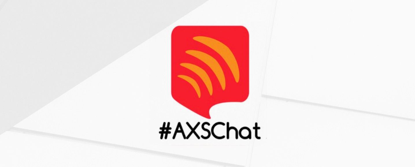 AXSChat logo with hashtag over a geometric background