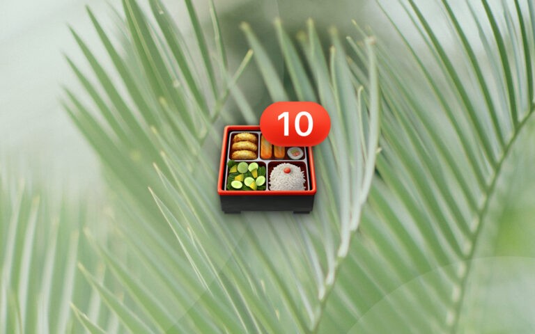 Bento box emoji with number 10 badge resting on a palm frond background