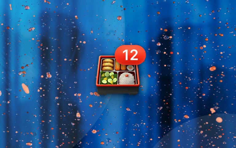Bento box emoji with number 12 badge resting on an exploding azure background