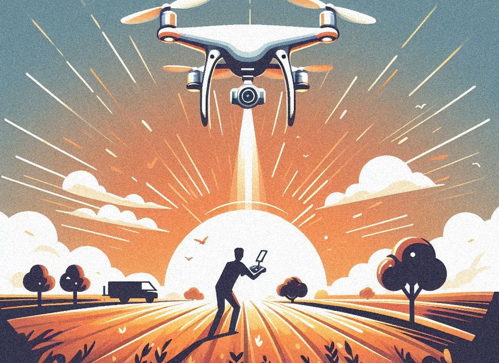 Drone launching into the sky with man below controlling in a field with a few trees at sunset.