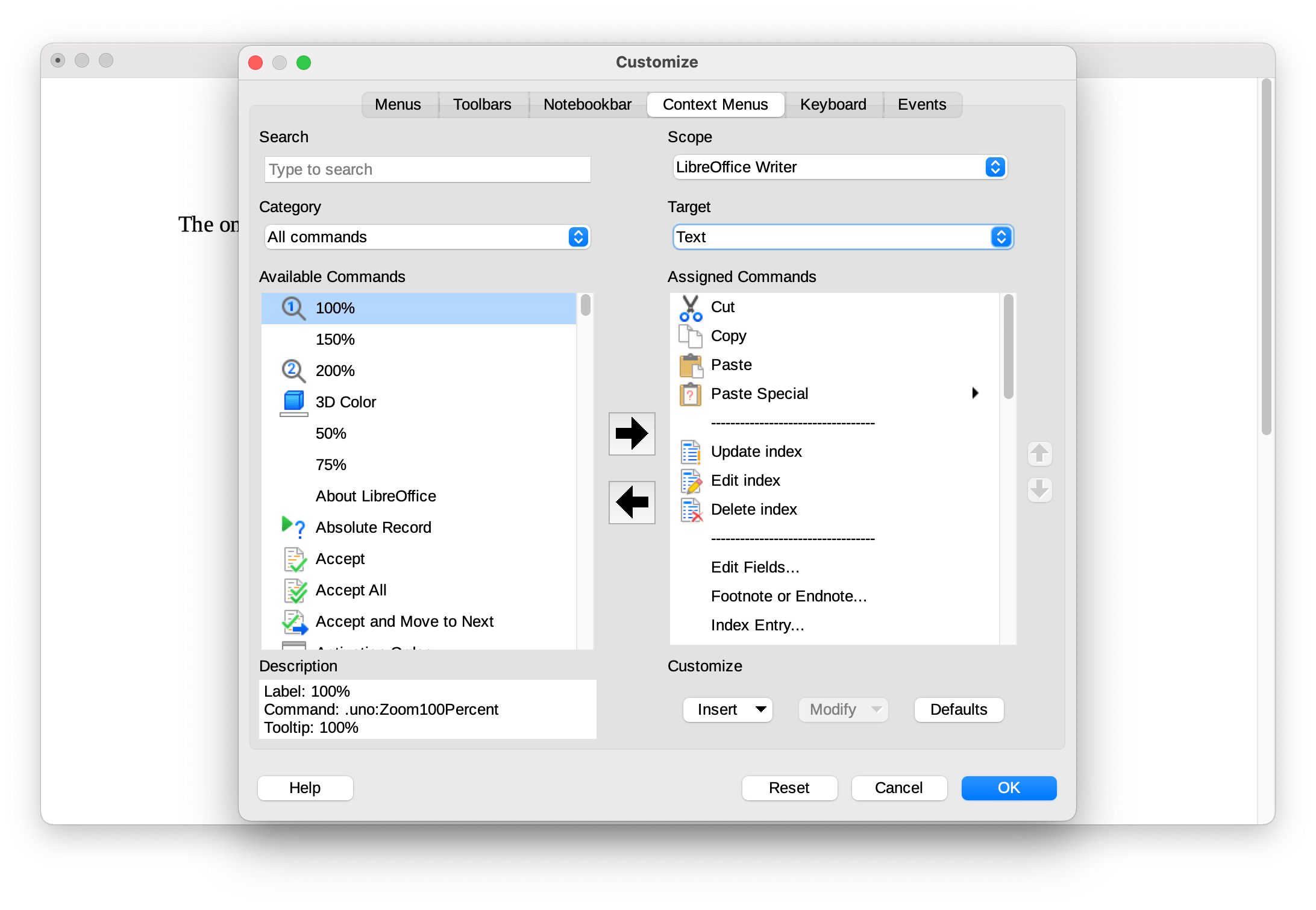 LibreOffice Writer's right-click menu settings