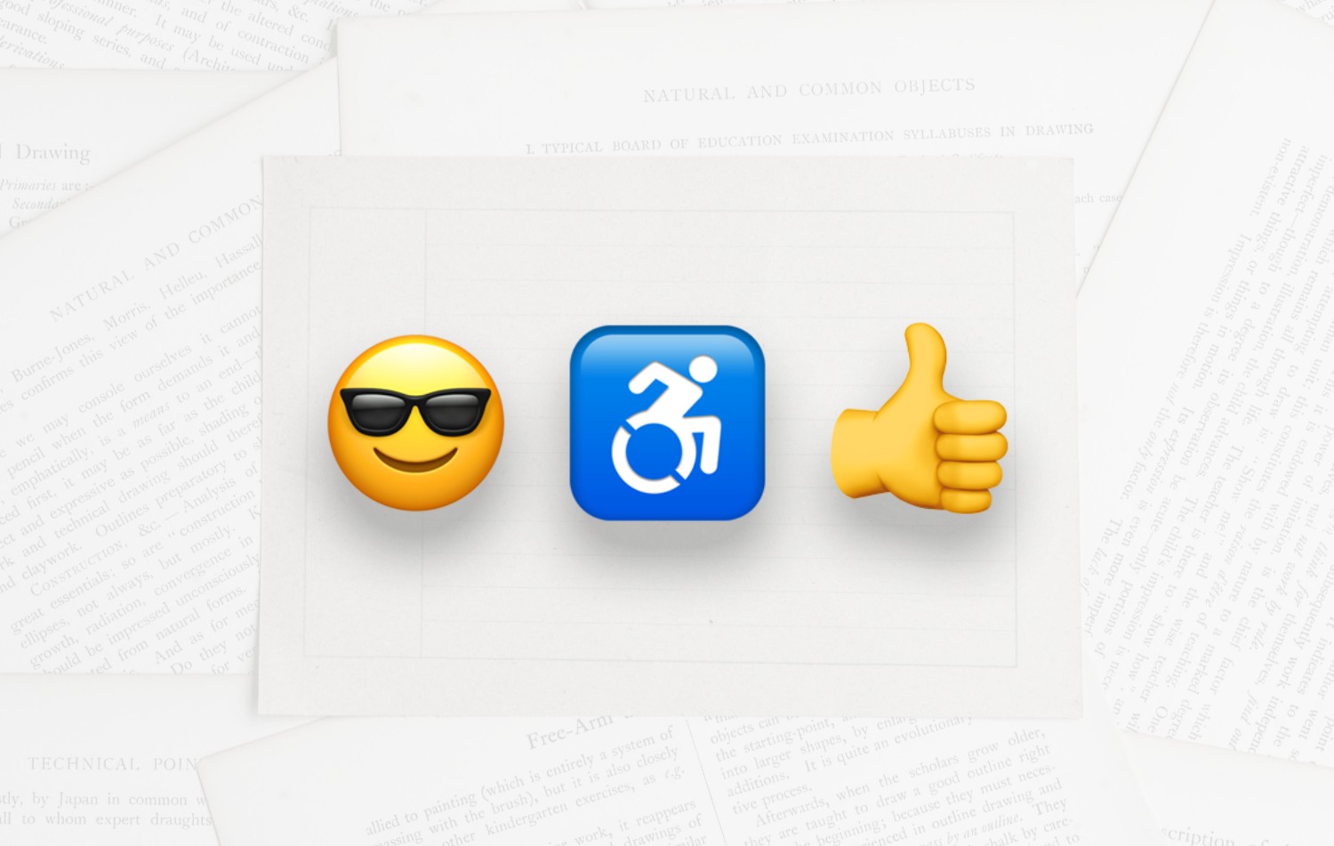 Emojis with smiling face and sunglasses along with accessibility emoji of person using a wheelchair and a thumbs up emoji.