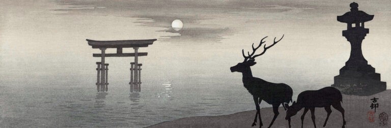 Landscape with Torii and deer (1900–1910) by Ohara Koson. Original from The Rijksmuseum. Digitally enhanced by rawpixel.