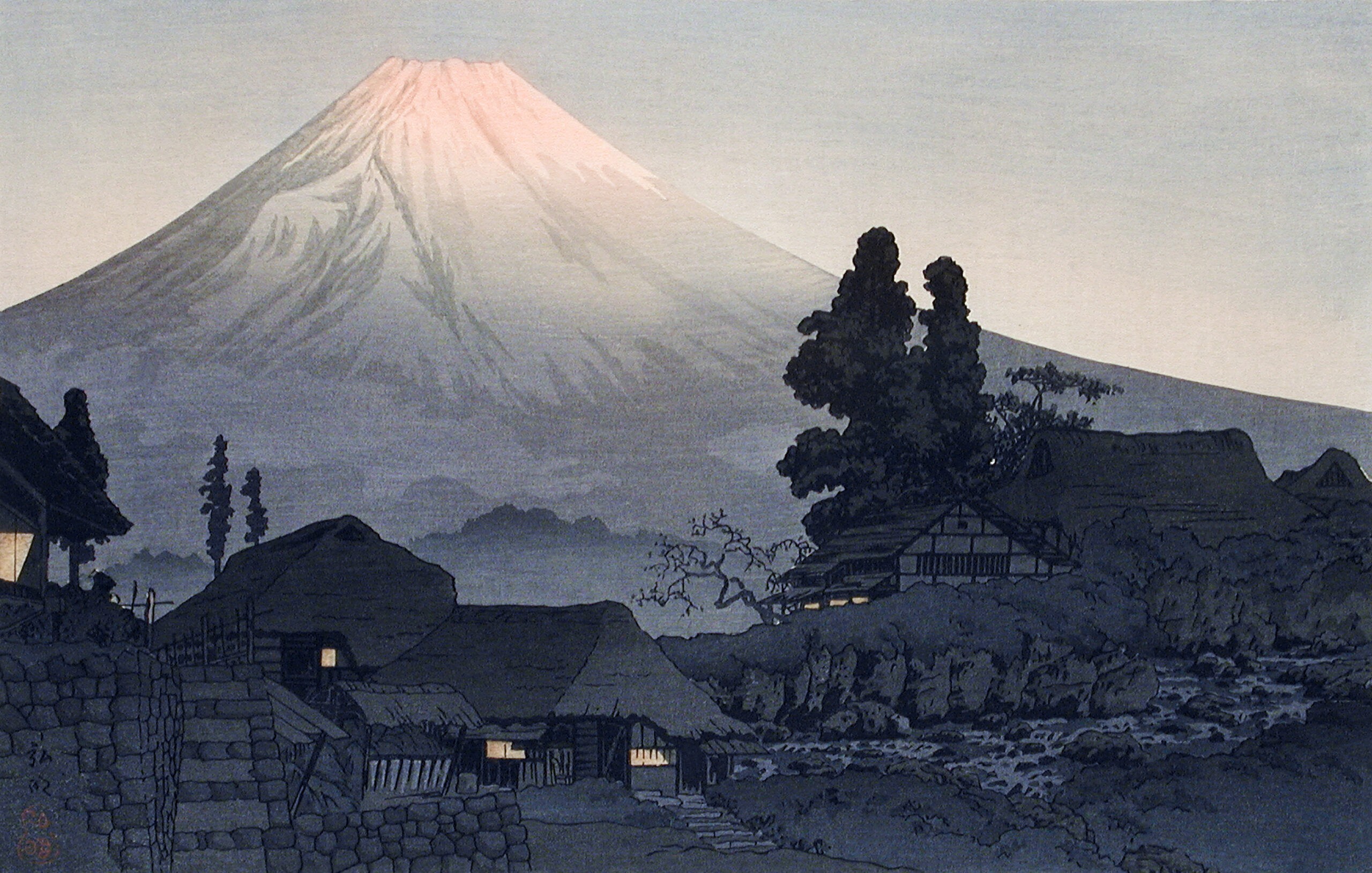 Mount Fuji From Mizukubo (1932) print in high resolution by Hiroaki Takahashi. Original from The Los Angeles County Museum of Art. Digitally enhanced by rawpixel.