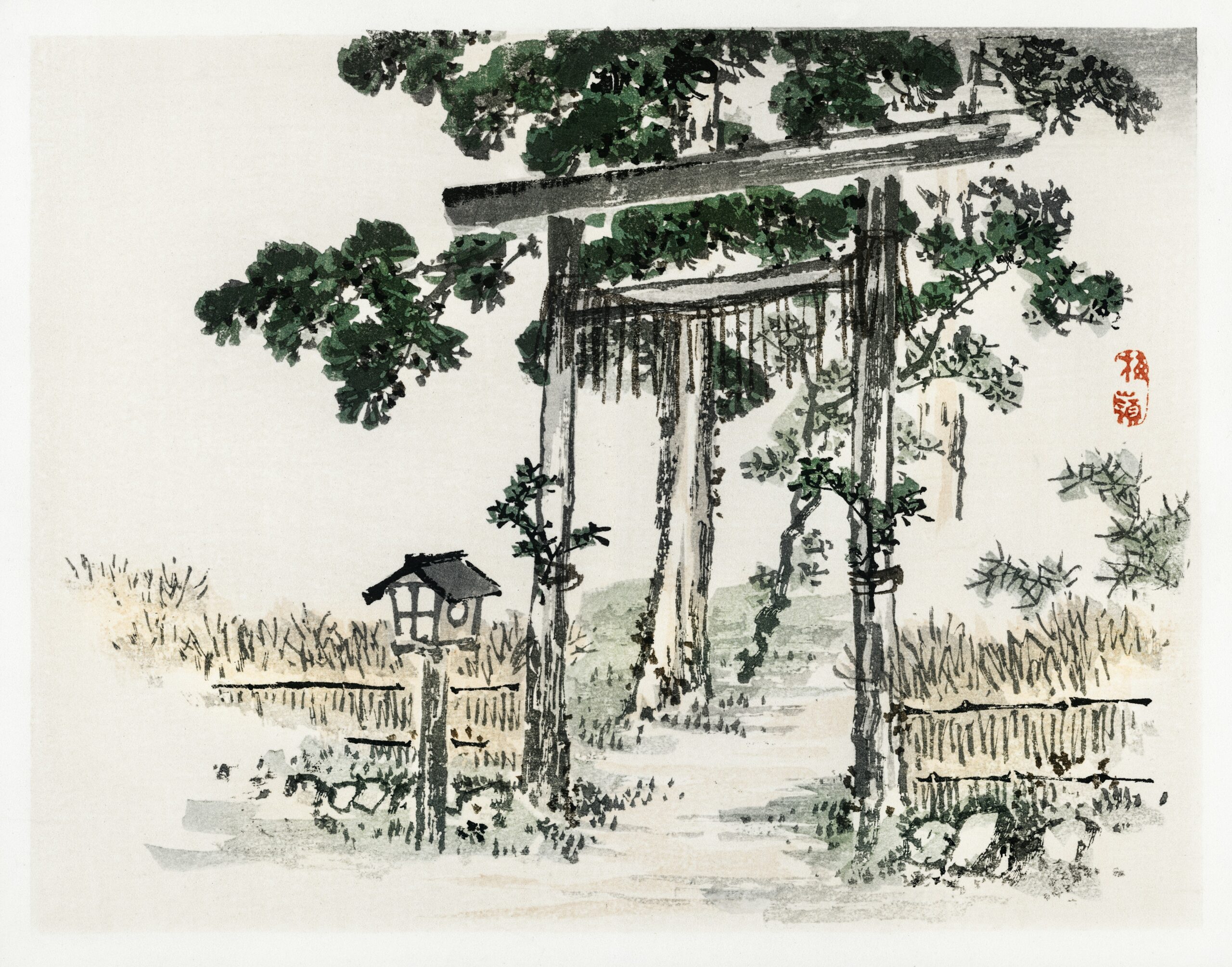 Shrine gate by Kōno Bairei (1844-1895). Digitally enhanced from our own original 1913 edition of Bairei Gakan.