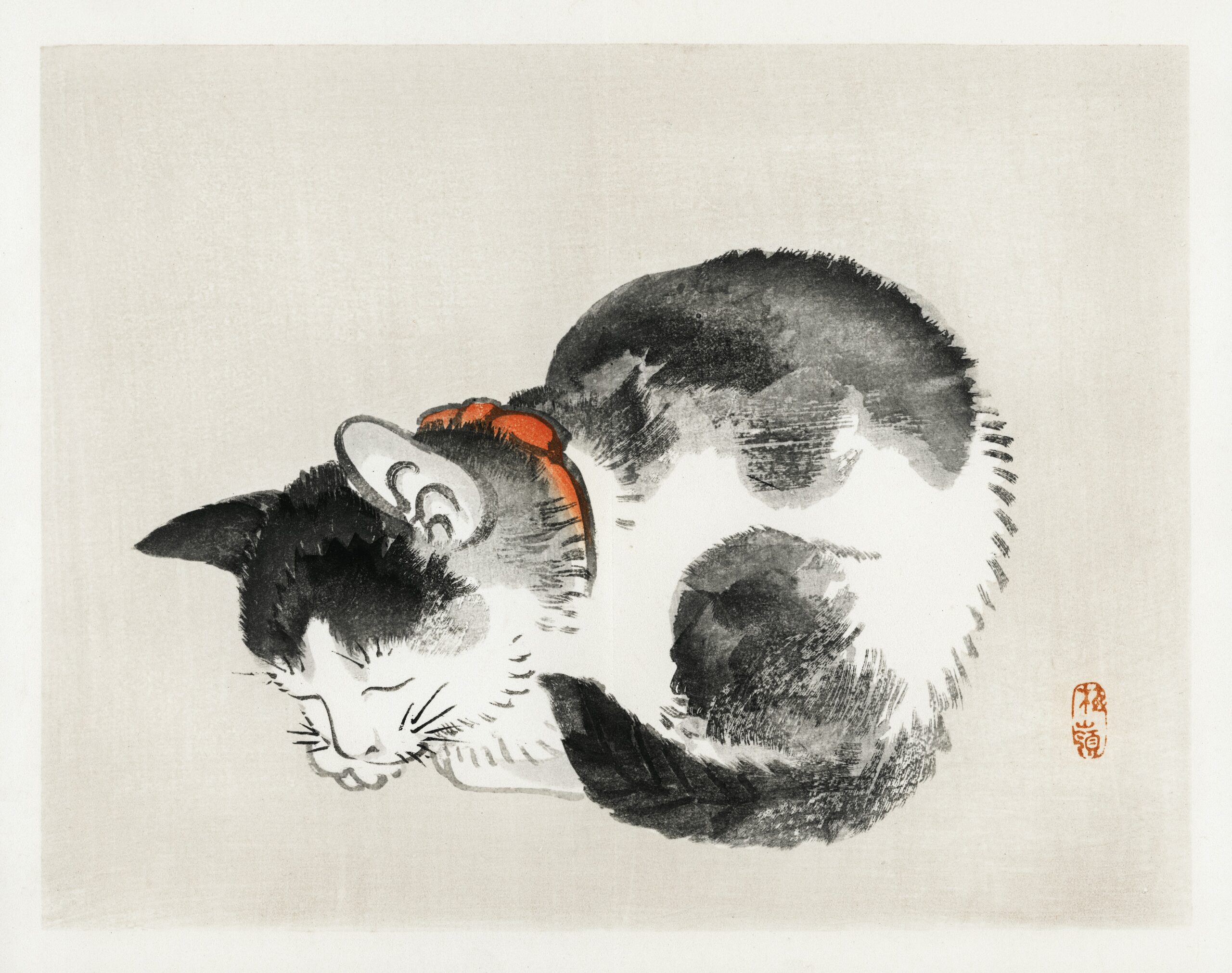 Sleeping cat by Kōno Bairei (1844-1895). Digitally enhanced from our own original 1913 edition of Barei Gakan.