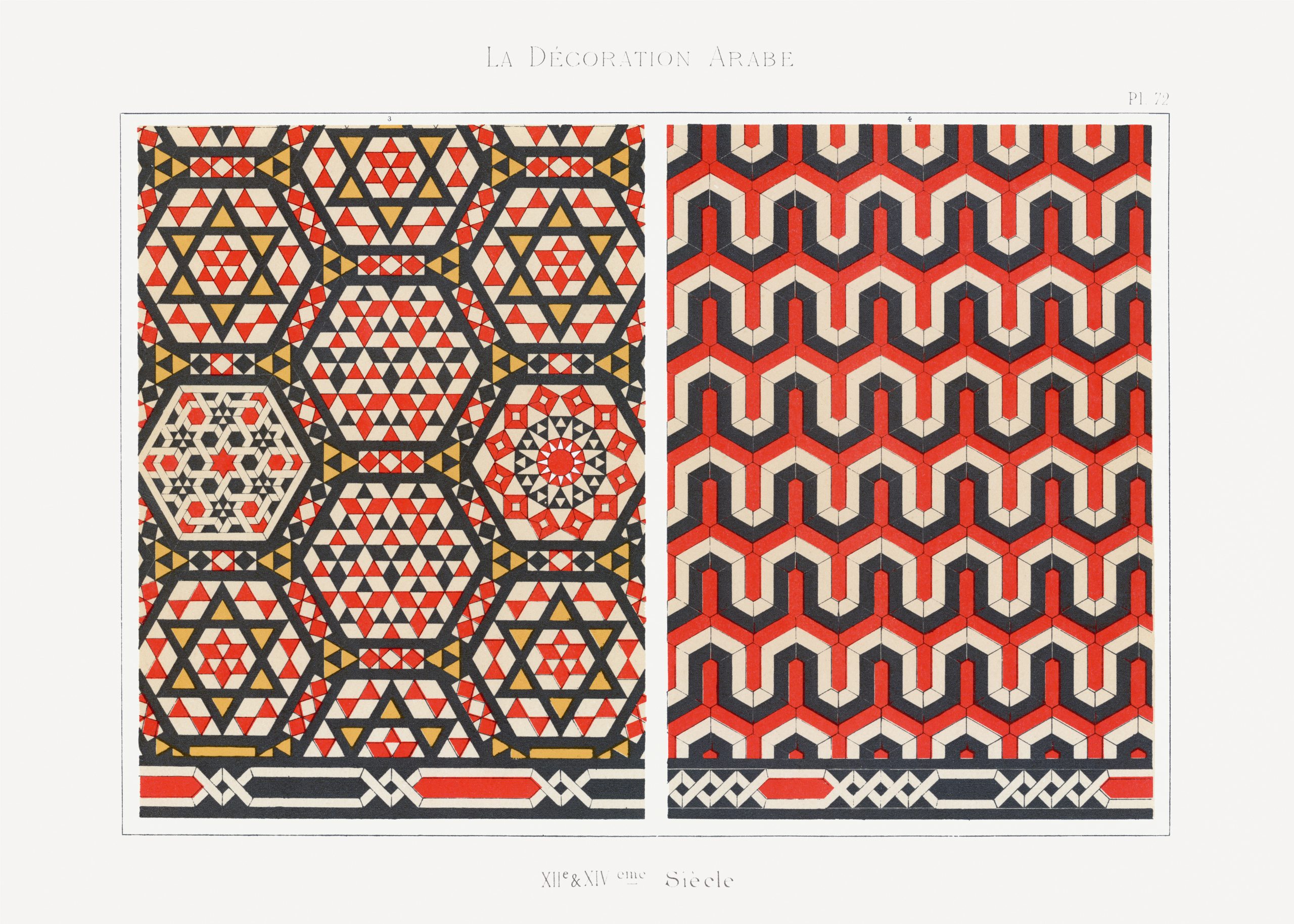 There are some types of red, khaki, and green patterns lined up next to each other from a French collection.