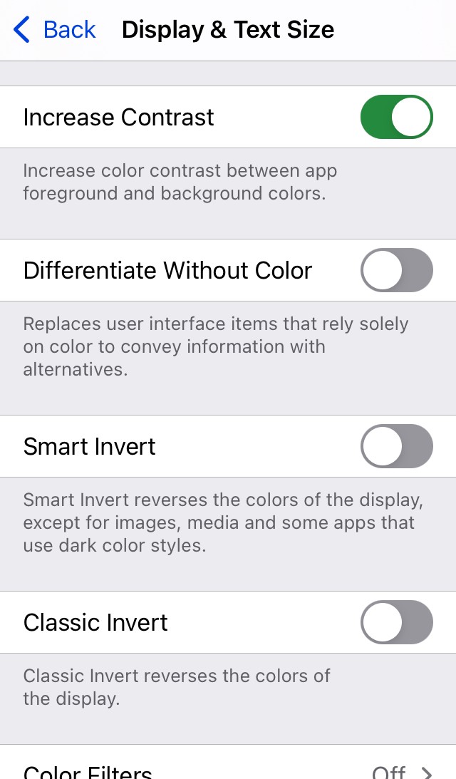 iOS display and text size screen with the Increase Contrast toggle enabled