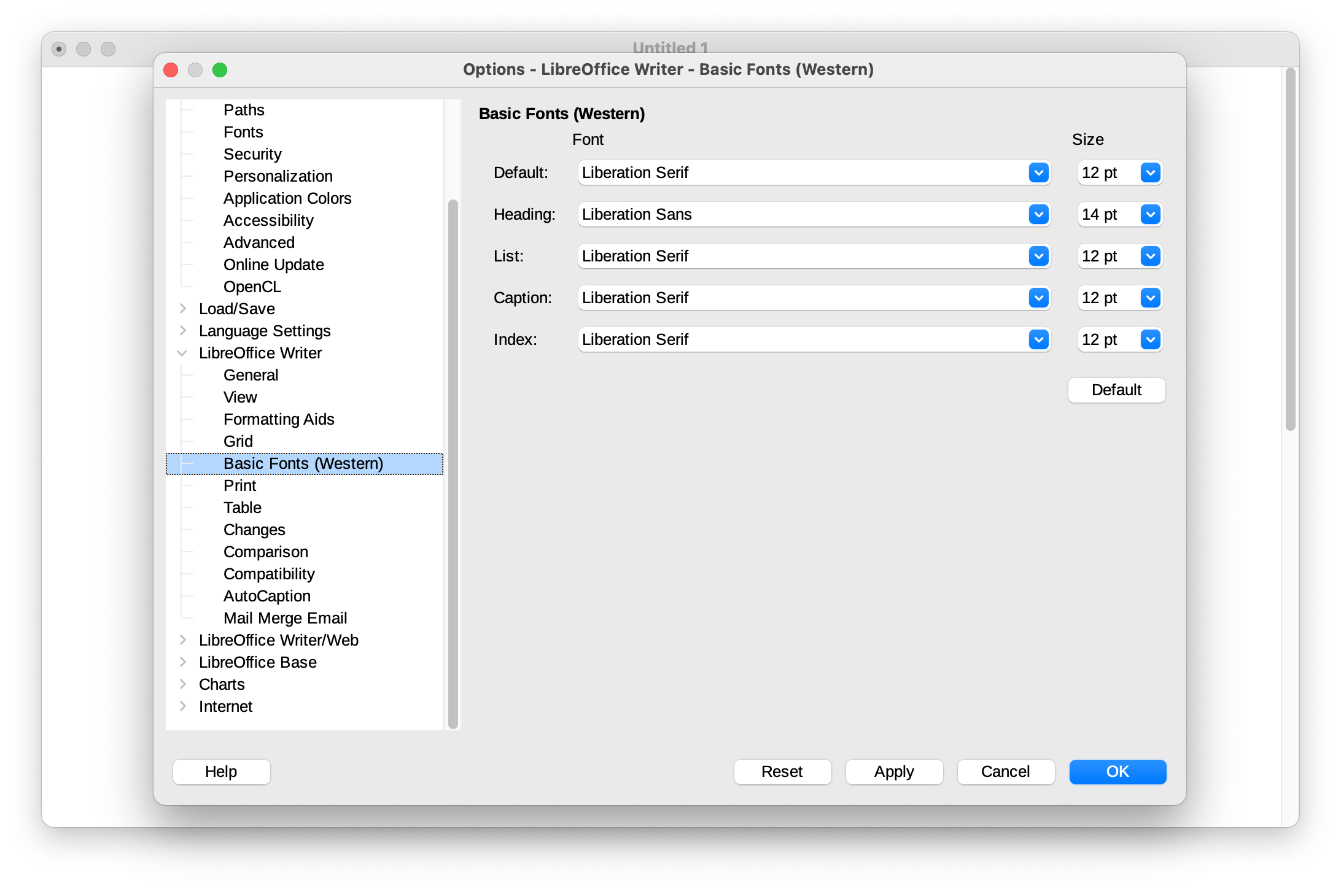 Libre Office Writer's general font preferences